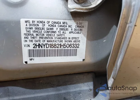 2001 Acura Mdx from USA, damaged, VIN 2HNYD18821H506332